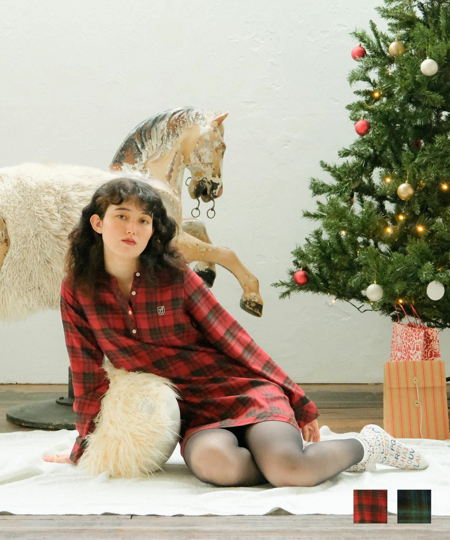 Rene 前開きチェックワンピース クリスマスディナーに♡ チェック柄 ヘンリーネックワンピース TINA：JOJUN 全2色｜tnj312-0523