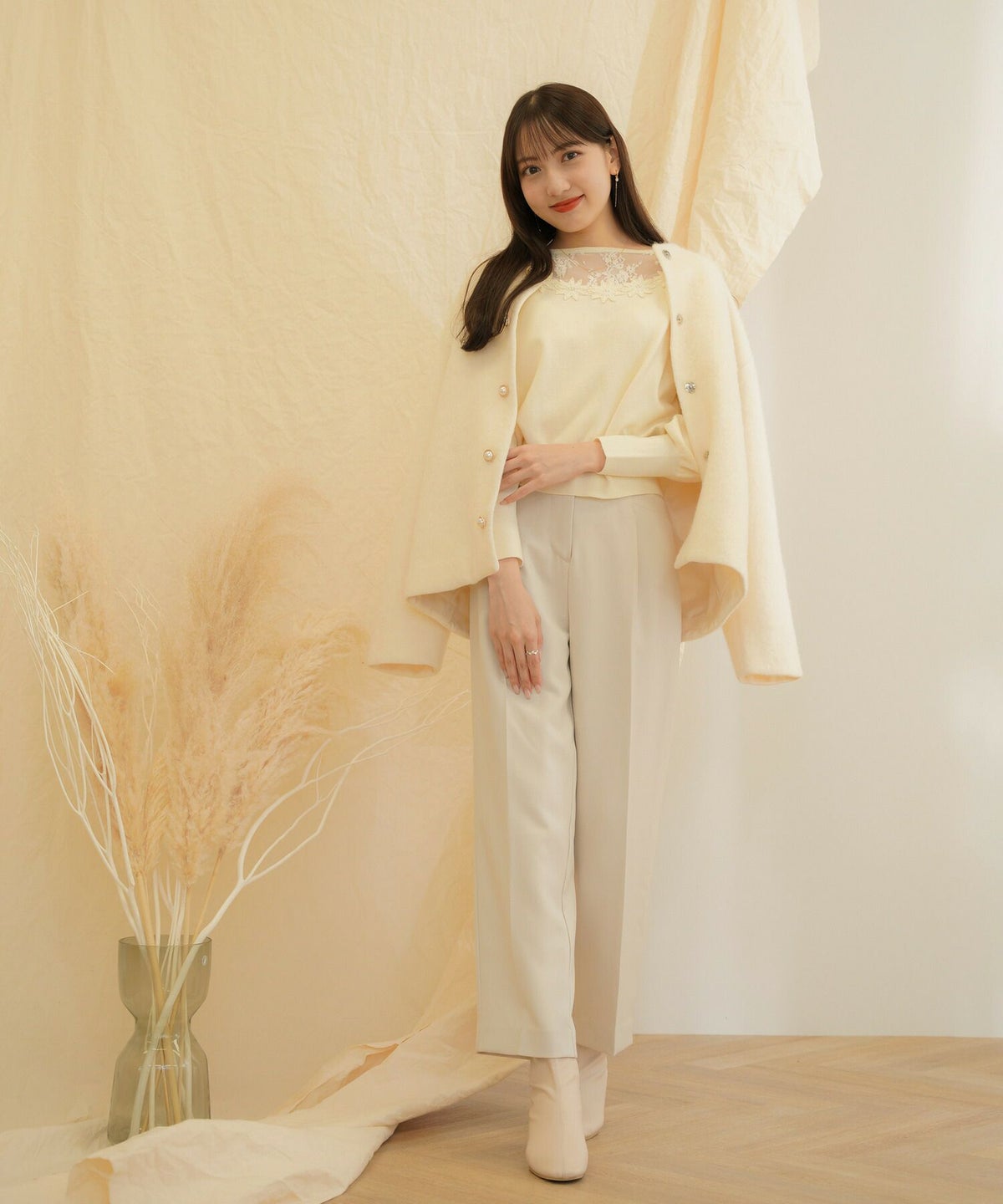 ニット/プルオーバー/レース切替/アイボリー/ブラック