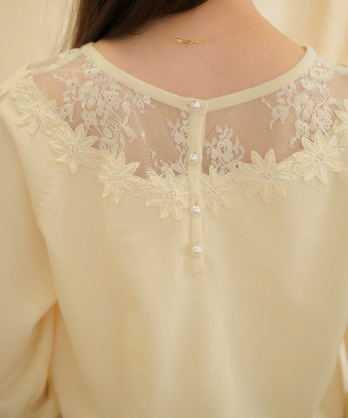 ニット/プルオーバー/レース切替/アイボリー/ブラック