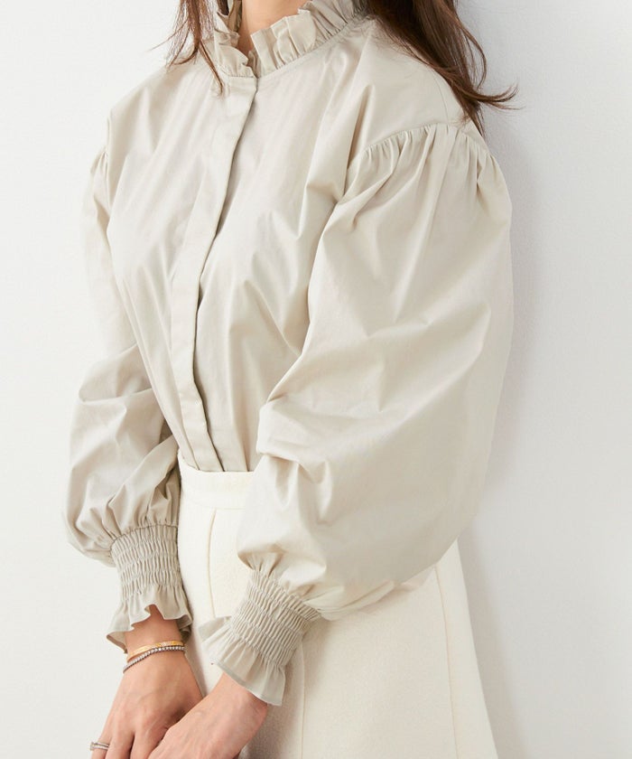 新色追加/手洗い可/袖ギャザー/袖口ゴム/長袖/比翼仕立て/インナー/サイドスリット/ラウンドカット/レイヤードスタイル