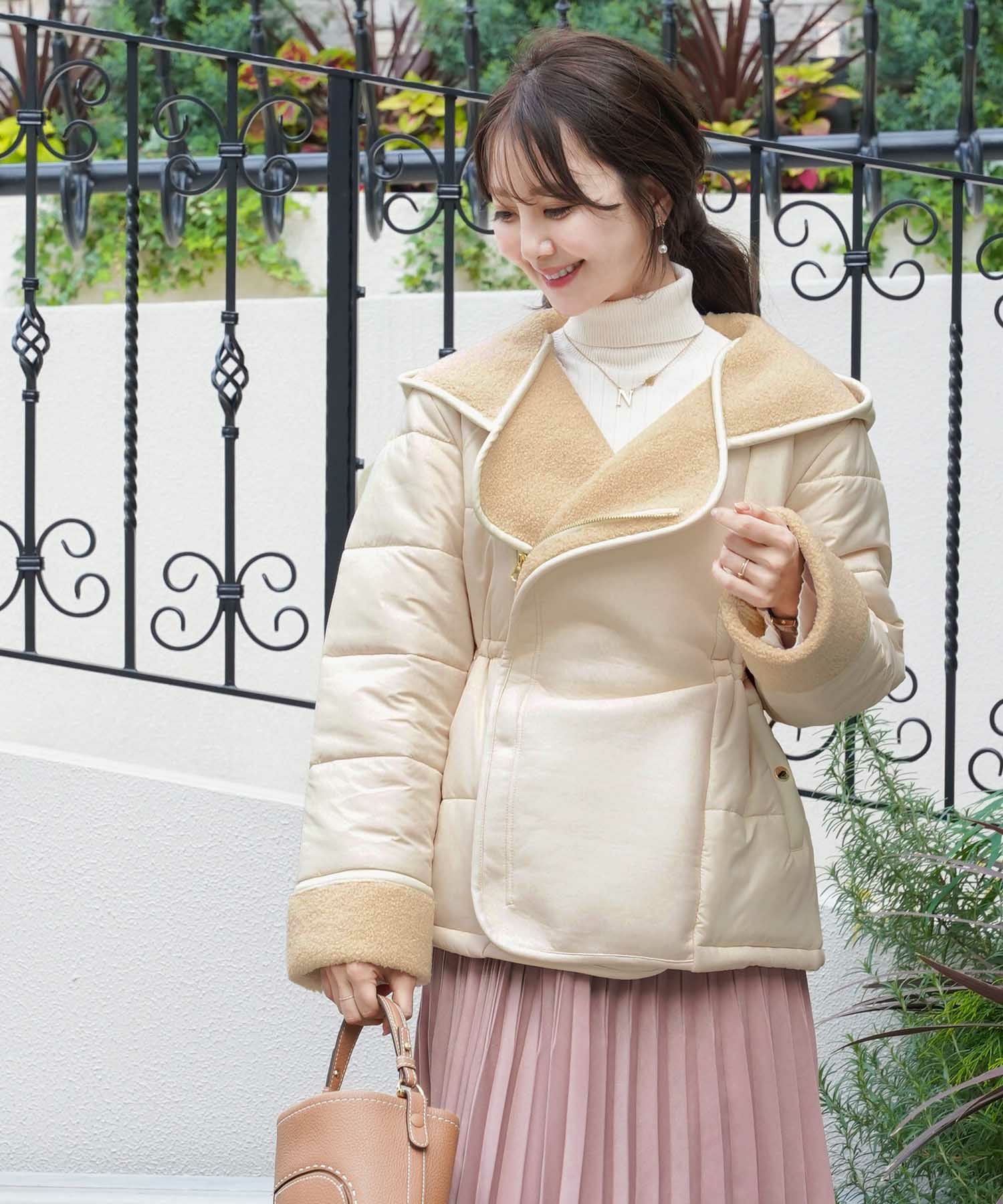 OUTLET-SALE ボア＆レザー デザイン フェイクダウン コート le reve