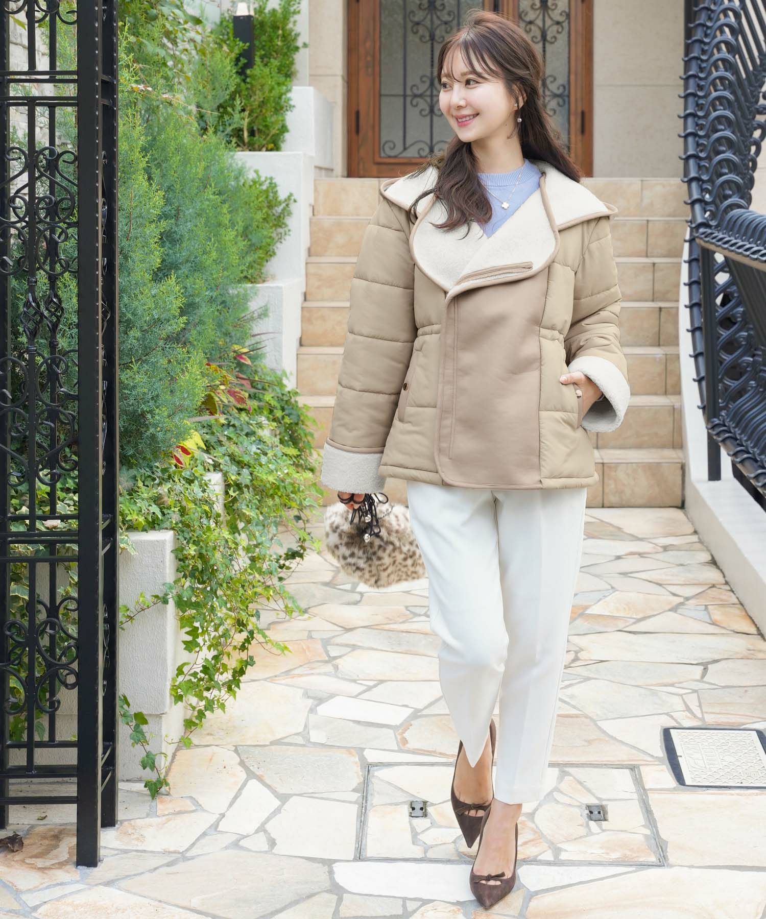 OUTLET-SALE ボア＆レザー デザイン フェイクダウン コート le reve