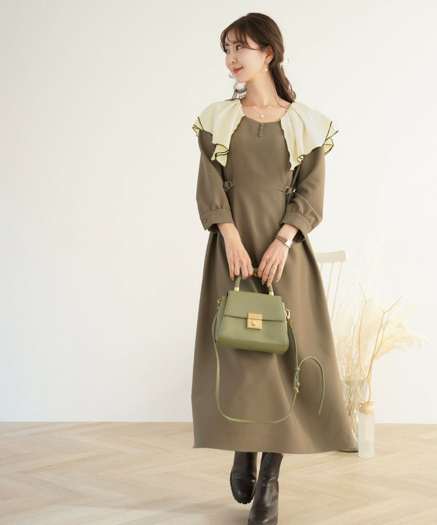 レイヤードデザイン バイカラー サイドベルト ワンピース le reve