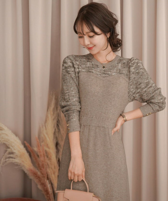 レディース/ワンピース/ニット/ロングワンピース/ミモレ/配色/ツイード/ハイウエスト/バイカラー/くるみ釦/ハイネック/ピンクモカ/グレー/長袖/Iライン/秋/冬/春/MIXツイード/エレガント/フェミニン/上品