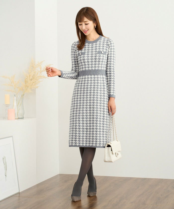 プリマシェレル/PrimaScherrer/レディース/ワンピース/タイト/ニットワンピ/長袖/ゴールド釦/ニット/ニットワンピース/エレガント/S/M/グレー/ブラック/ピンク/ブルー/千鳥格子/セットアップ/ウエストゴム/金釦/配色/