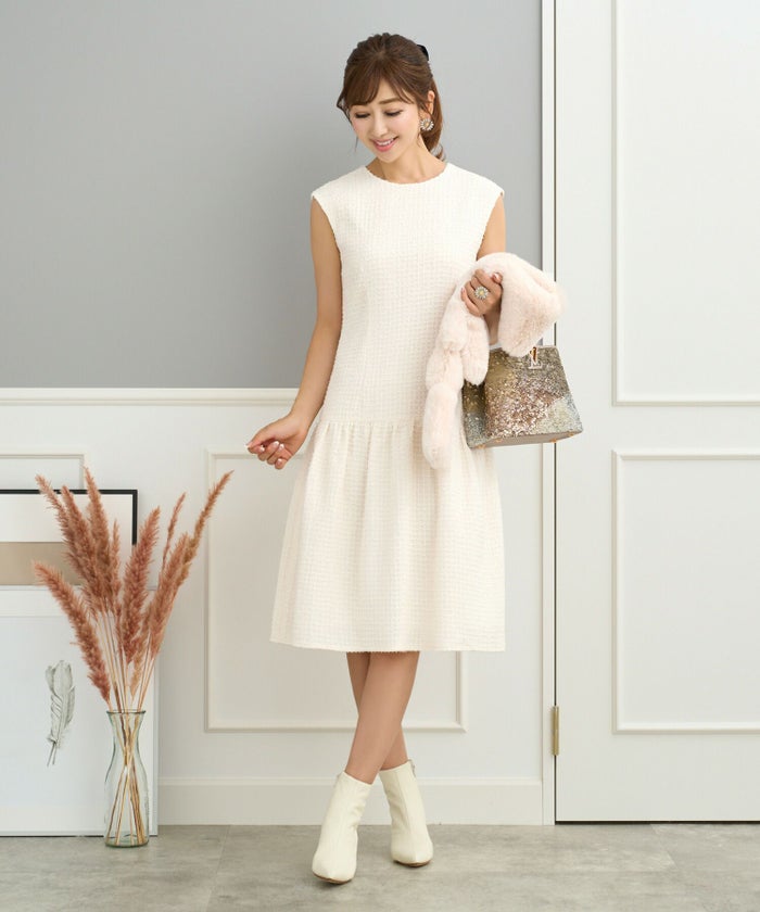 プリマシェレル/PrimaScherrer/レディース/ツイード/ワンピース/フィット＆フレア/ノースリーブ/きらきら/ラメ糸/ホリデーシーズン/オケージョン/エレガント/S/M/ホワイト/ブラック/モノトーン/