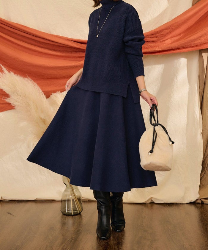 レディース/ニット/トップス/タートルネック/ハイゲージ/サイドスリット/長袖/セットアップ/秋/冬/エレガント/上品/シンプル/コラボ/miimii/S/M