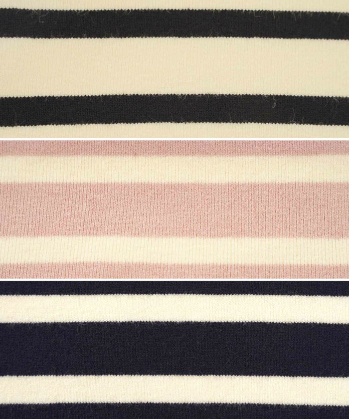 レディース/ニット/ワンピース/ロング/長袖/ボーダー/裾フレア/ゴールド/ボタン/クルーネック/エレガント/カジュアル/リラックス/自宅/お出かけ/マリン/アイボリー/ピンク/ネイビー/秋/冬/春/年末年始