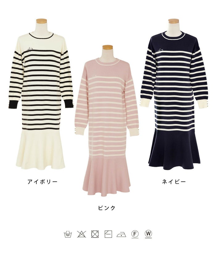 レディース/ニット/ワンピース/ロング/長袖/ボーダー/裾フレア/ゴールド/ボタン/クルーネック/エレガント/カジュアル/リラックス/自宅/お出かけ/マリン/アイボリー/ピンク/ネイビー/秋/冬/春/年末年始