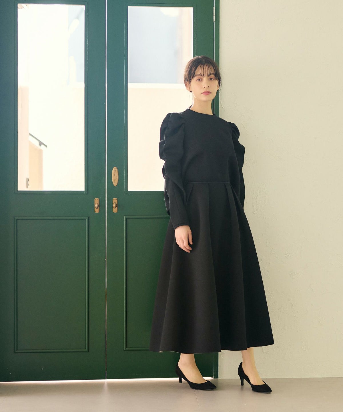 スカート/ボンディングニット/ミモレ丈/キャメル/ブラック/S/M/