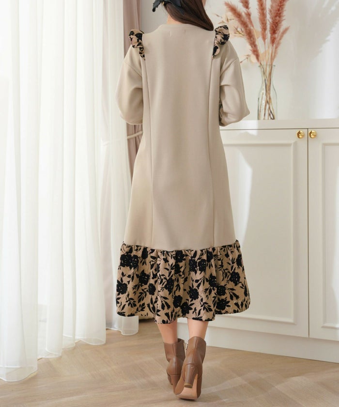 レディース/ワンピース/Aライン/ミモレ/カット/ダンボール/クルーネック/長袖/フリル/フロッキー/加工/レース/エレガント/上品/秋/冬/ママ友/お遊戯会/習い事/クラシックベージュ/クラシックネイビー