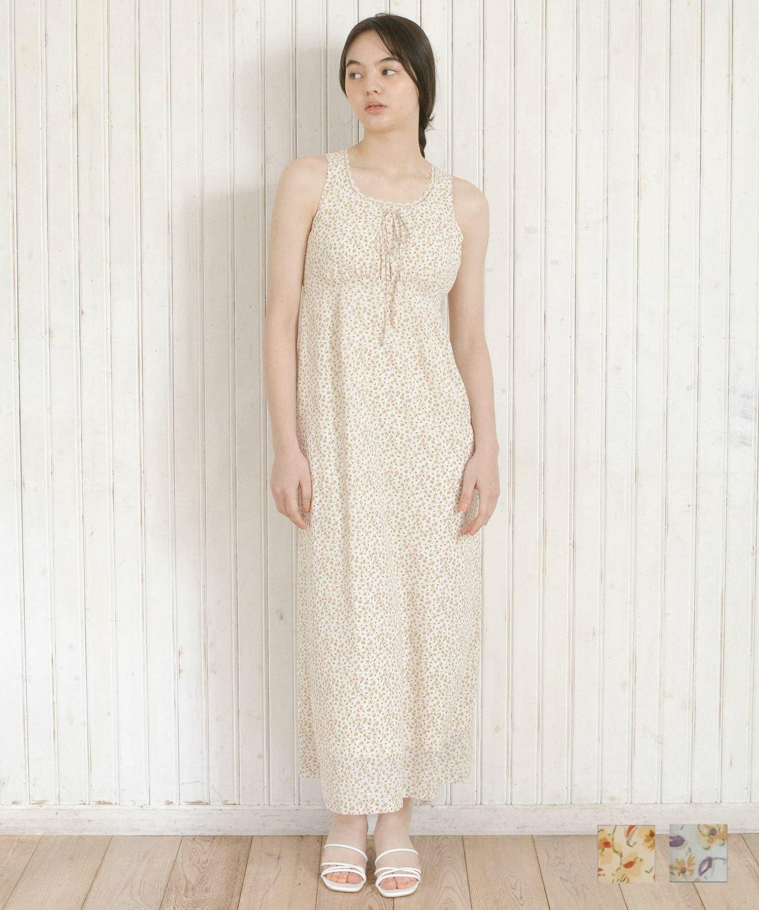 小花柄 ノースリーブロング丈ワンピース TINA：JOJUN 全2色｜tnj311