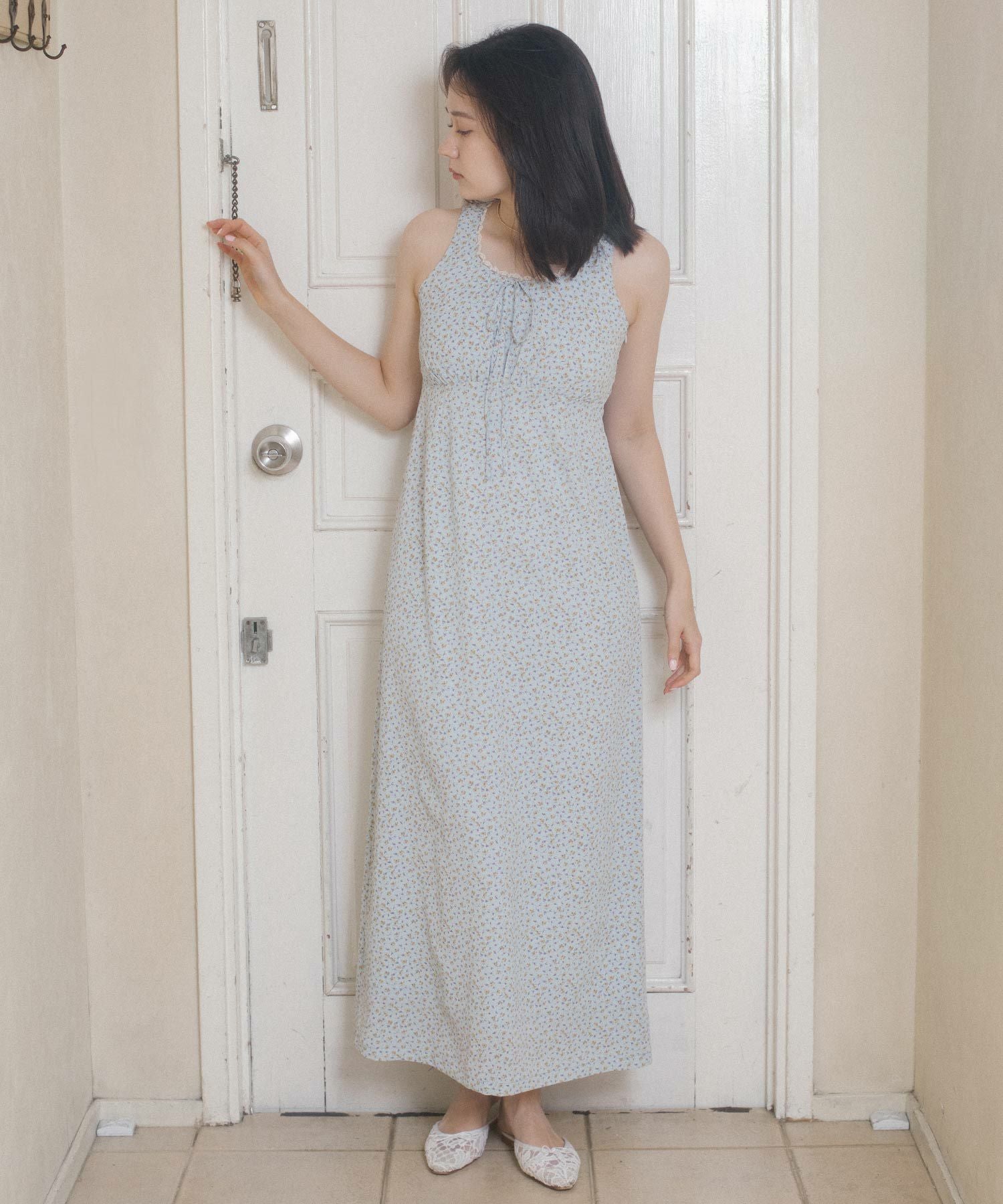 小花柄 ノースリーブロング丈ワンピース