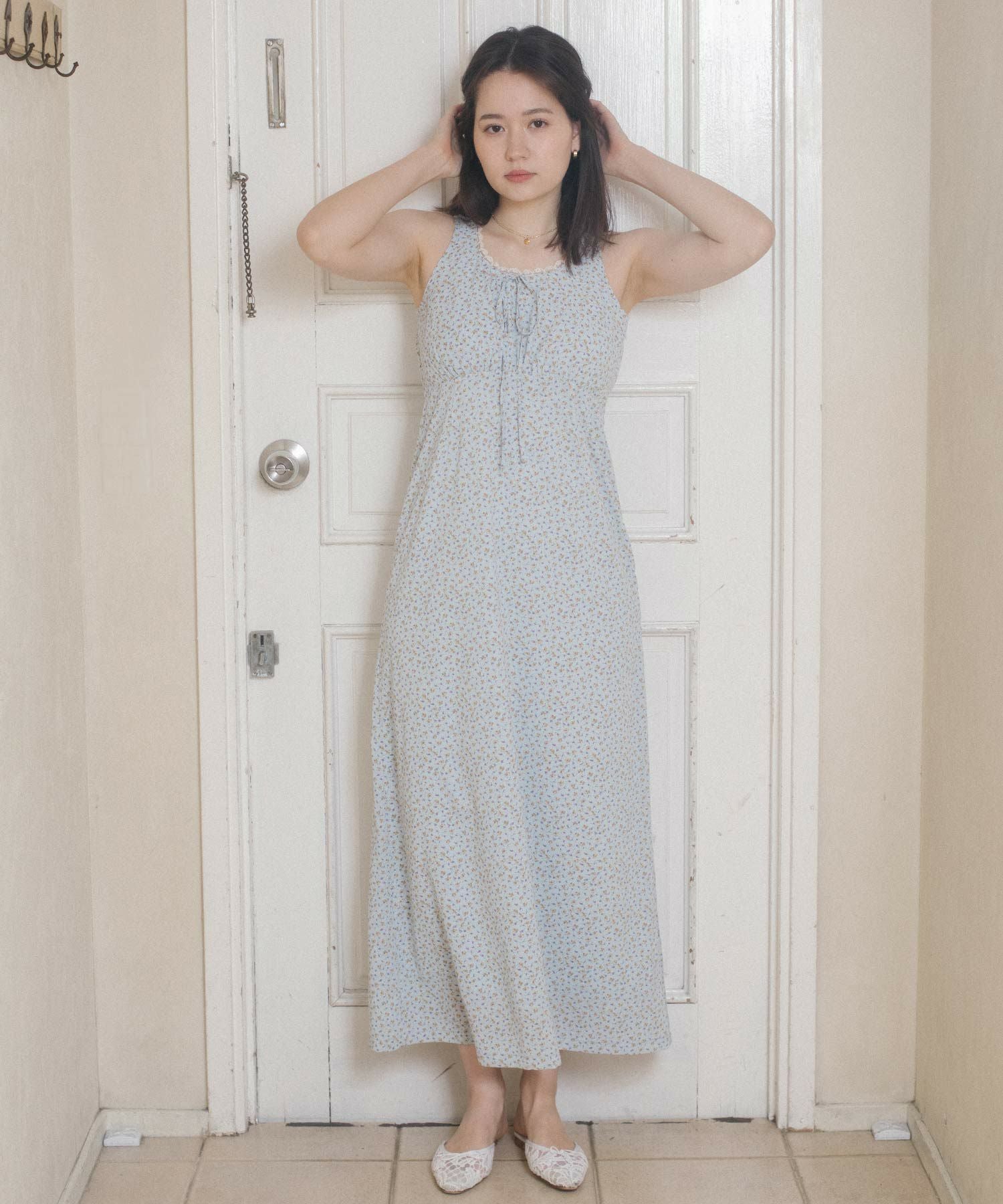 小花柄 ノースリーブロング丈ワンピース