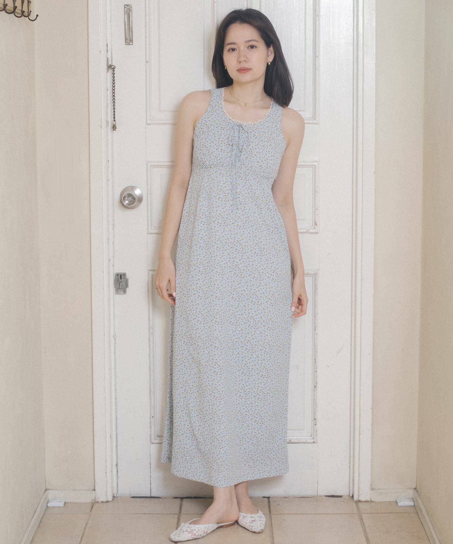 小花柄 ノースリーブロング丈ワンピース