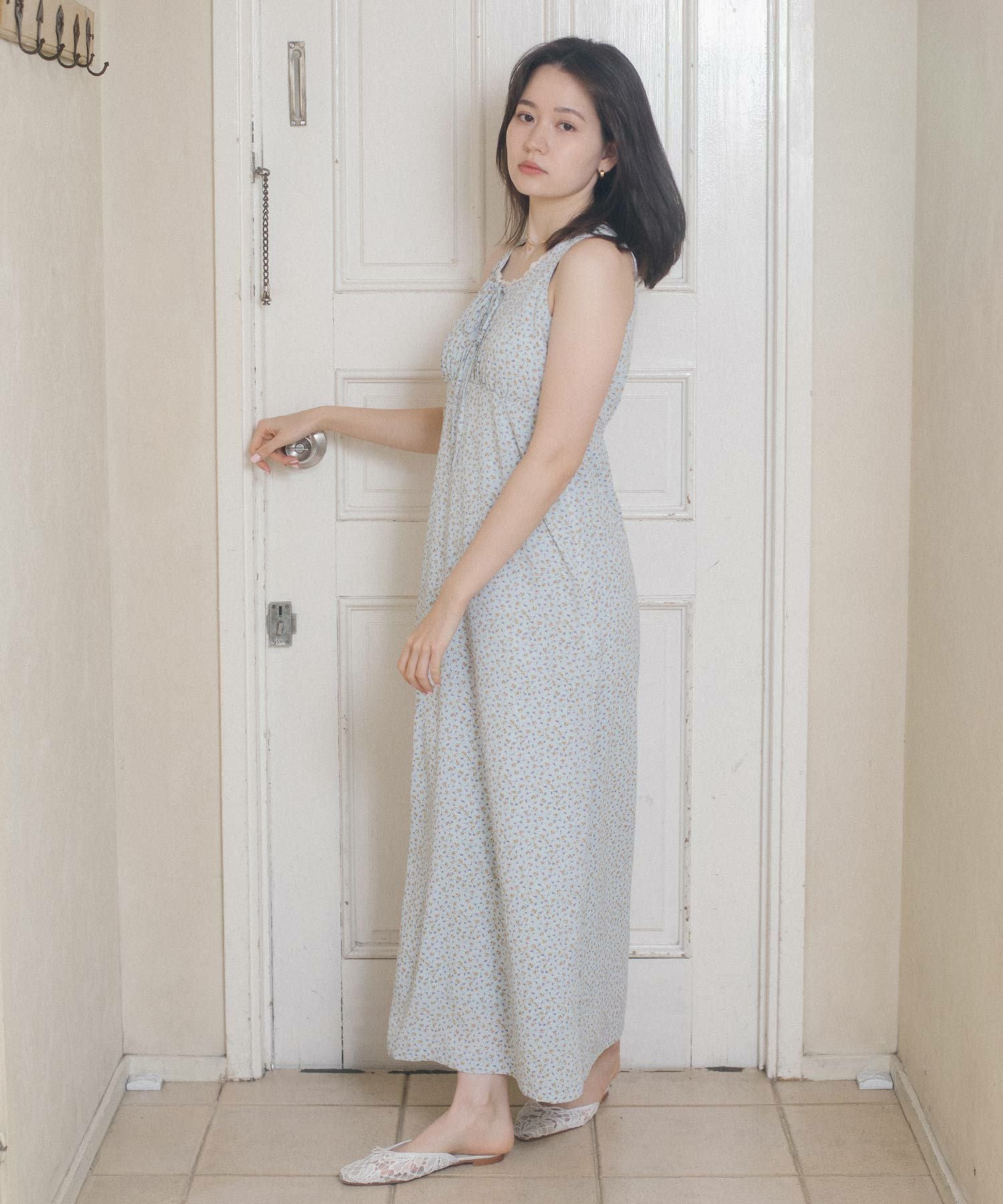 小花柄 ノースリーブロング丈ワンピース