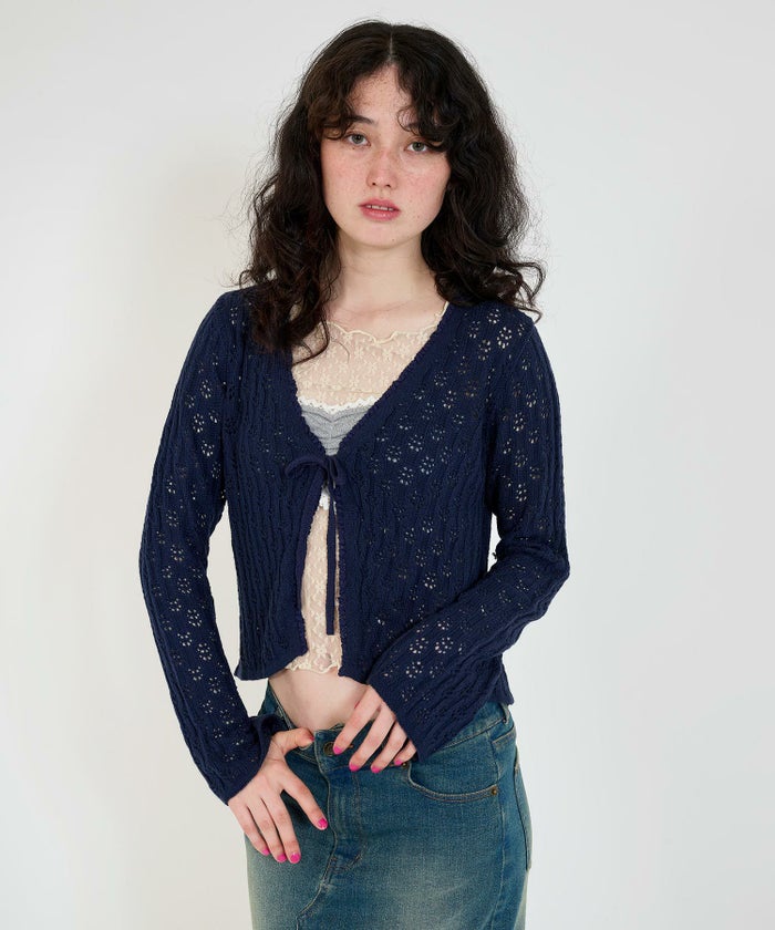 トップス/カーディガン/リボン/透かし編み/アイボリー/ネイビー