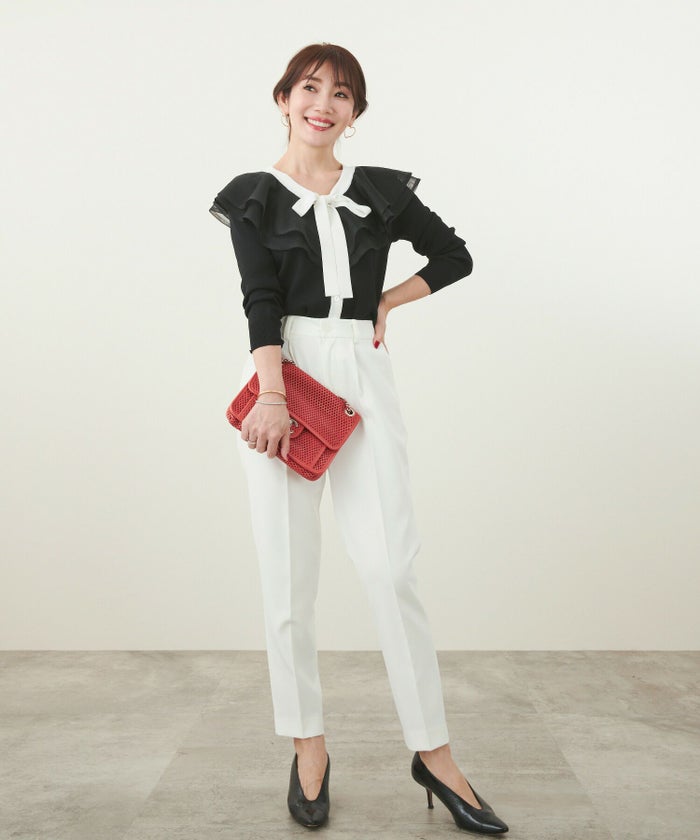 手洗い可/フリル/ボウタイ/リボン/配色/ニット/カーディガン/トップス/