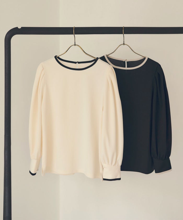 レディース/トップス/ブラウス/パイピング/配色/カフス/春/秋/オフィス/エレガント/上品/シンプル/ボリューム袖