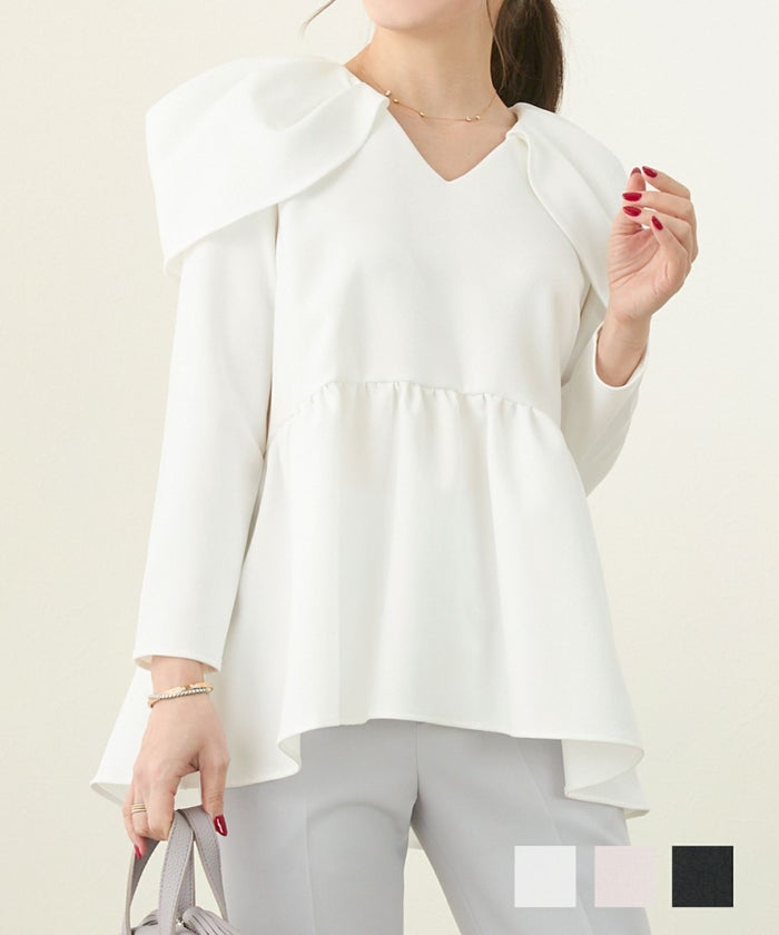 手洗い可 ショルダーケープ ブラウス ペプラム フレア テールカット 長袖 Vネック 可愛い 春秋冬 ショルダーケープ Vネック ペプラム ブラウス Liala×PG