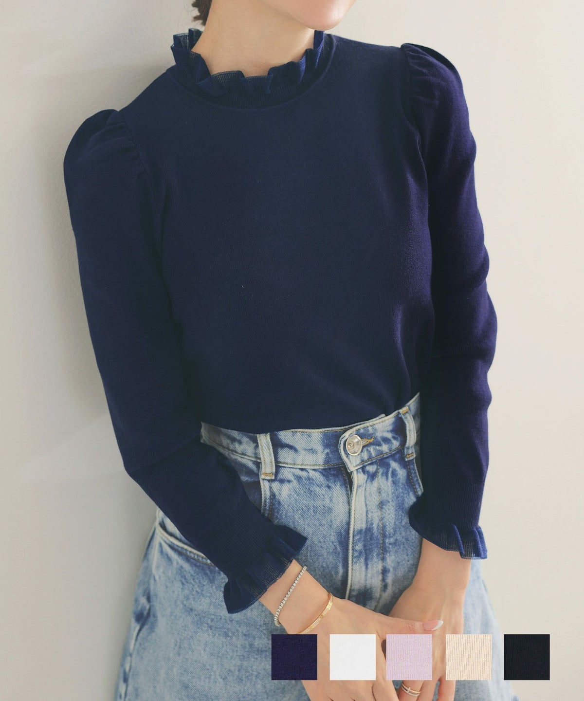 新色追加 newcolor 手洗い可 ニット トップス レディース 春 ハイネック きれいめ オフィス シンプル 春ニット 長袖 ジョイントスペース シアー プチフリル 9分袖 ニット Liala×PG