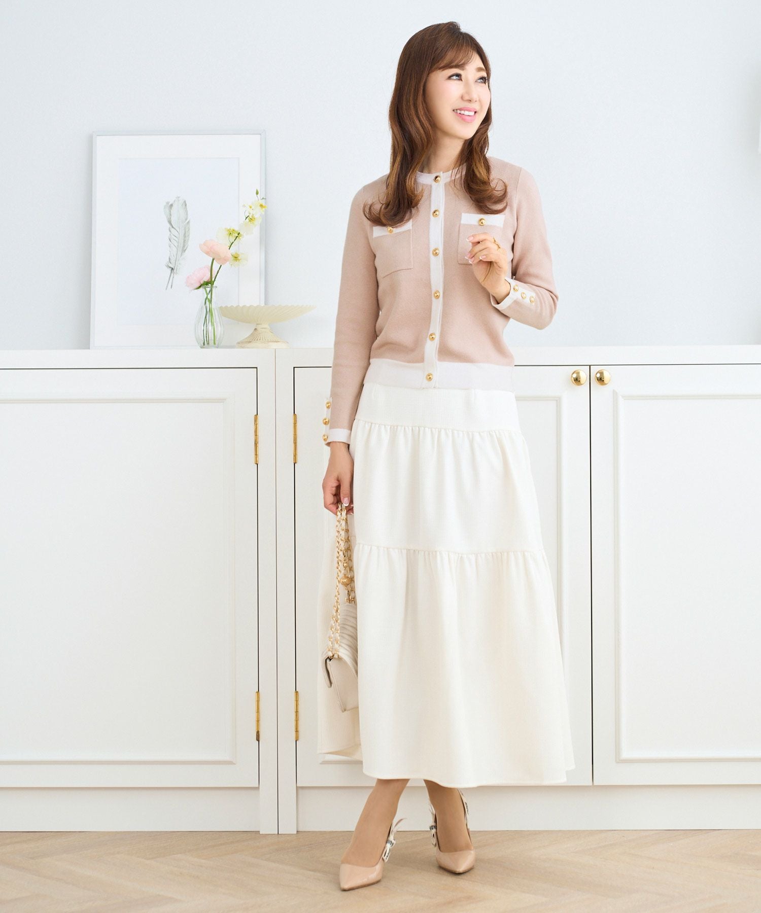 SELECT(セレクト) ロングニットカーディガン セイフティーピン付 ベージュ バイカラー ジャケット風 ニット カーディガン Prima Scherrer 全3色