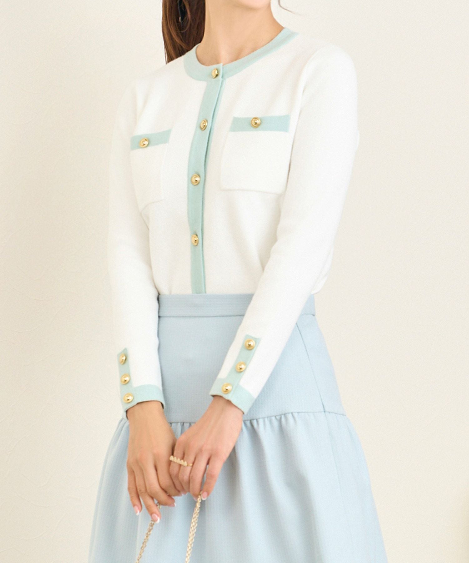 バイカラー ジャケット風 カーディガン プリマシェレル　ホワイト×ミントSサイズ バイカラー ジャケット風 ニット カーディガン Prima Scherrer 全3色
