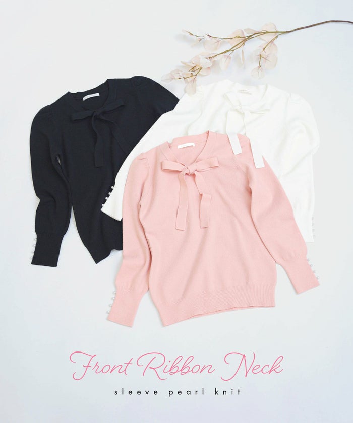 トップス/ニット/ボウタイ/リボンネック/パフスリーブ/バルーンスリーブ/パール/ホワイト/白/ピンク/ブラック/黒/S/M/秋/冬/春可愛い/かわいい/華やか/大人/上品/