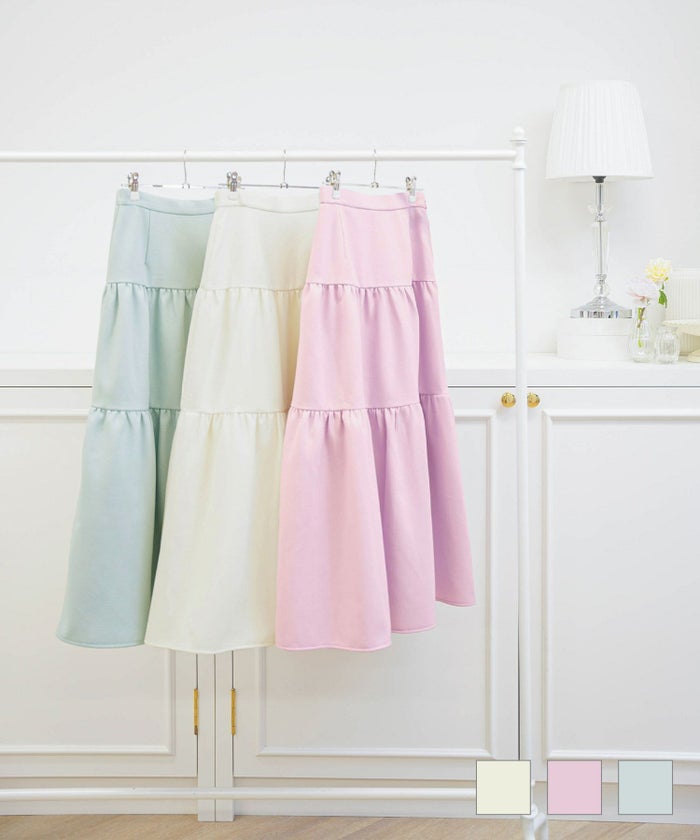 ウエストゴム ティアード ギャザー 切り替え ファスナー&ホック ロング スカート ホワイト 白 サックス ピンク ラベンダー S M 秋 冬 春 可愛い かわいい 華やか 大人 上品  ウエストゴム ティアード スカート Prima Scherrer