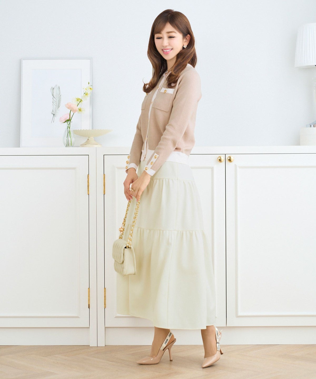 ウエストゴム/ティアード/ギャザー/切り替え/ファスナー&ホック/ロング/スカート/ホワイト/白/サックス/ピンク/ラベンダー/S/M/秋/冬/春/可愛い/かわいい/華やか/大人/上品/