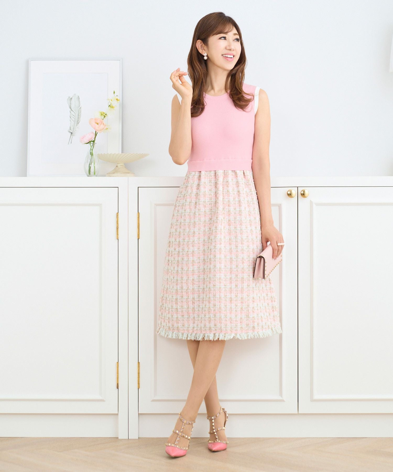 OUTLET-SALE ツイード コンビ ノースリーブ ニット ワンピース Prima