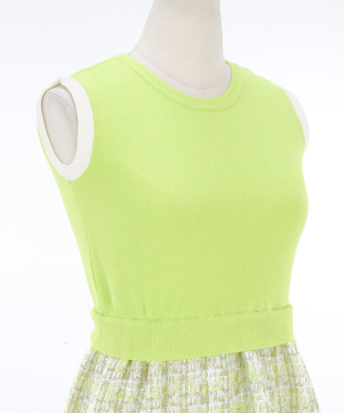 ニット/ツイード/ワンピース/コンビ/ドッキング/配色/バイカラー/ノースリーブ/ピンク/ライムグリーン/ブラック/黒/S/M/秋/冬/春/可愛い/かわいい/華やか/大人/上品/