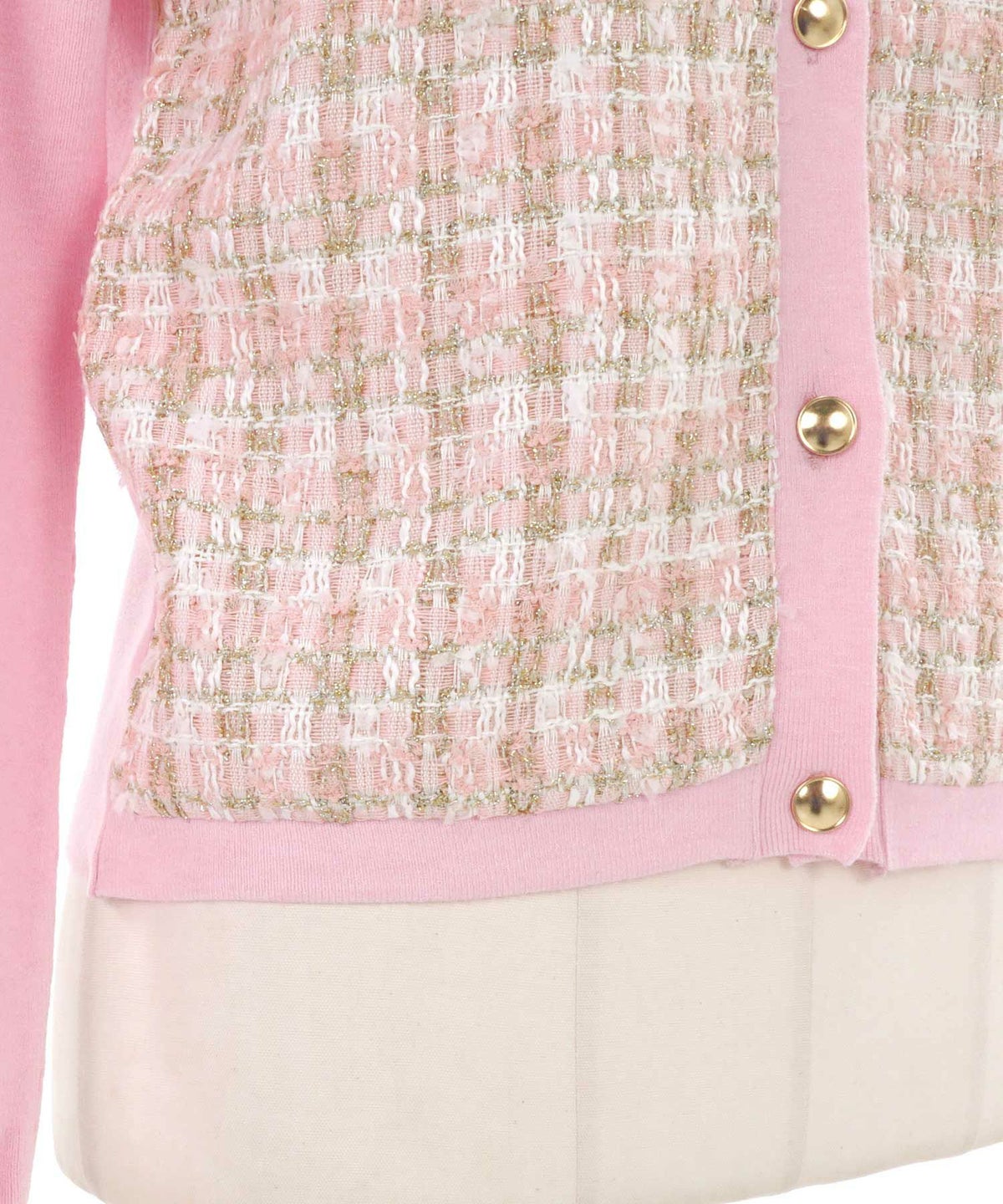 ニット/トップス/カーディガン/Vネック/ツイードコンビ/ドッキング/金ボタン/長袖/ピンク/ライムグリーン/ブラック/黒/S/M/秋/冬/春/可愛い/かわいい/華やか/大人/上品/