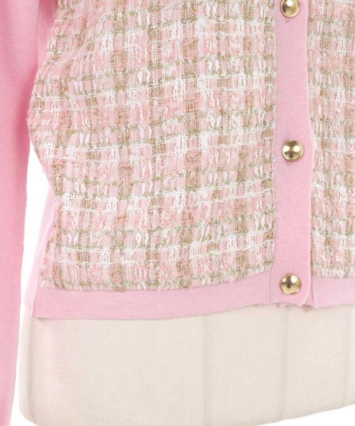 ニット/トップス/カーディガン/Vネック/ツイードコンビ/ドッキング/金ボタン/長袖/ピンク/ライムグリーン/ブラック/黒/S/M/秋/冬/春/可愛い/かわいい/華やか/大人/上品/