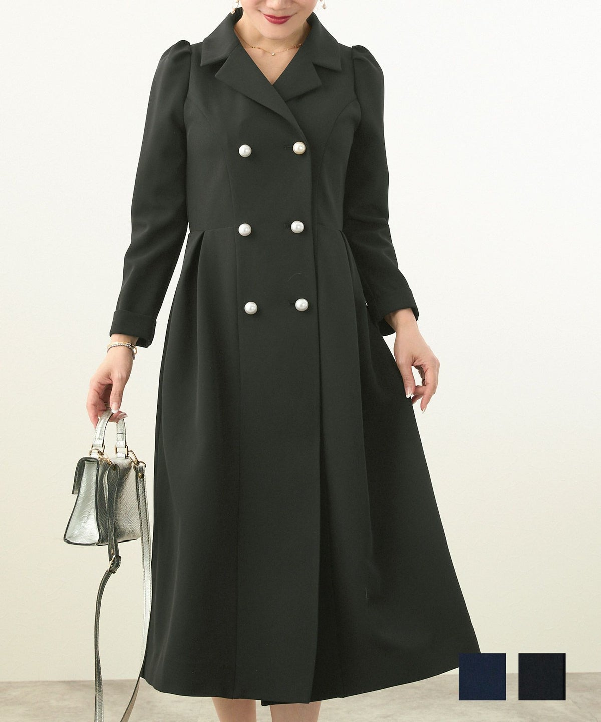 手洗い可 長袖 オケージョン テーラードカラー ダブルボタン 袖山タック ロールアップ きれいめ エレガント S M L パール ダブル釦 ワンピース Liala×PG