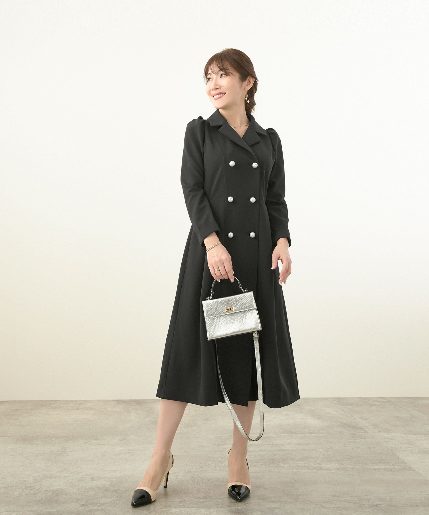 OUTLET-SALE パール ダブル釦 ワンピース Liala×PG 全2色｜lpg341-1539
