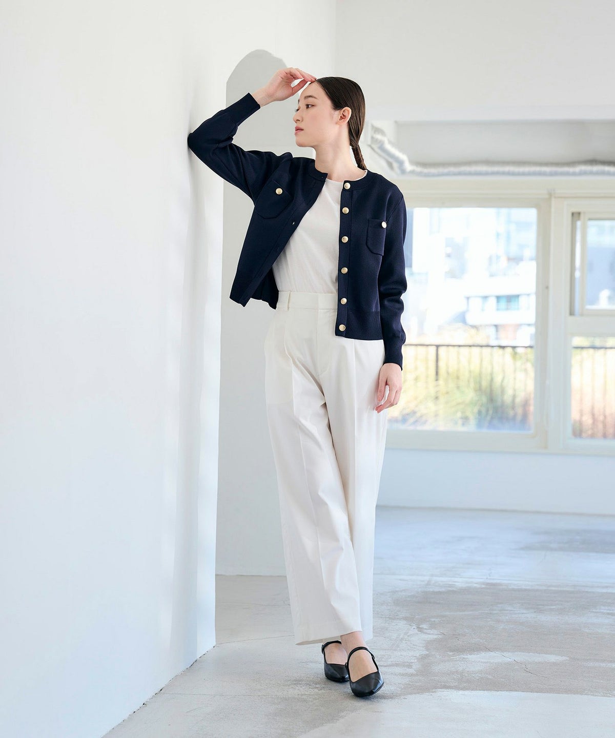 ニット/カーディガン/アウター/ジャケット/上品/きれいめ/ホワイト/ブラック/M/サイズ/長袖/