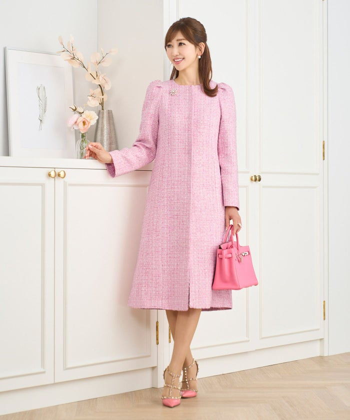 トップス/アウター/ツイード/コート/ロング/肩タック/ピンク/サックス/ブラック/黒/S/M/秋/冬/春可愛い/かわいい/華やか/大人/上品/