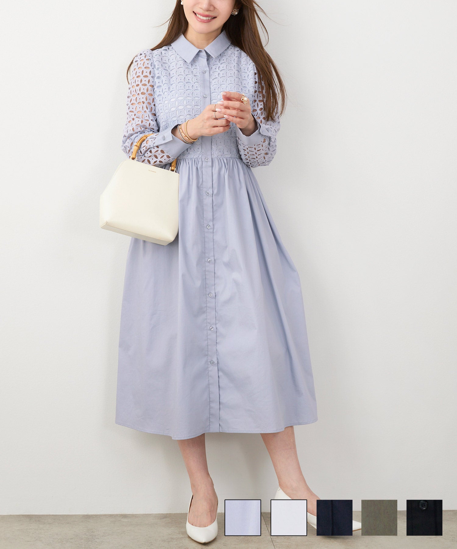 コットンレース 襟付き 長袖 ワンピース Liala×PG 全5色｜lpg311-1580