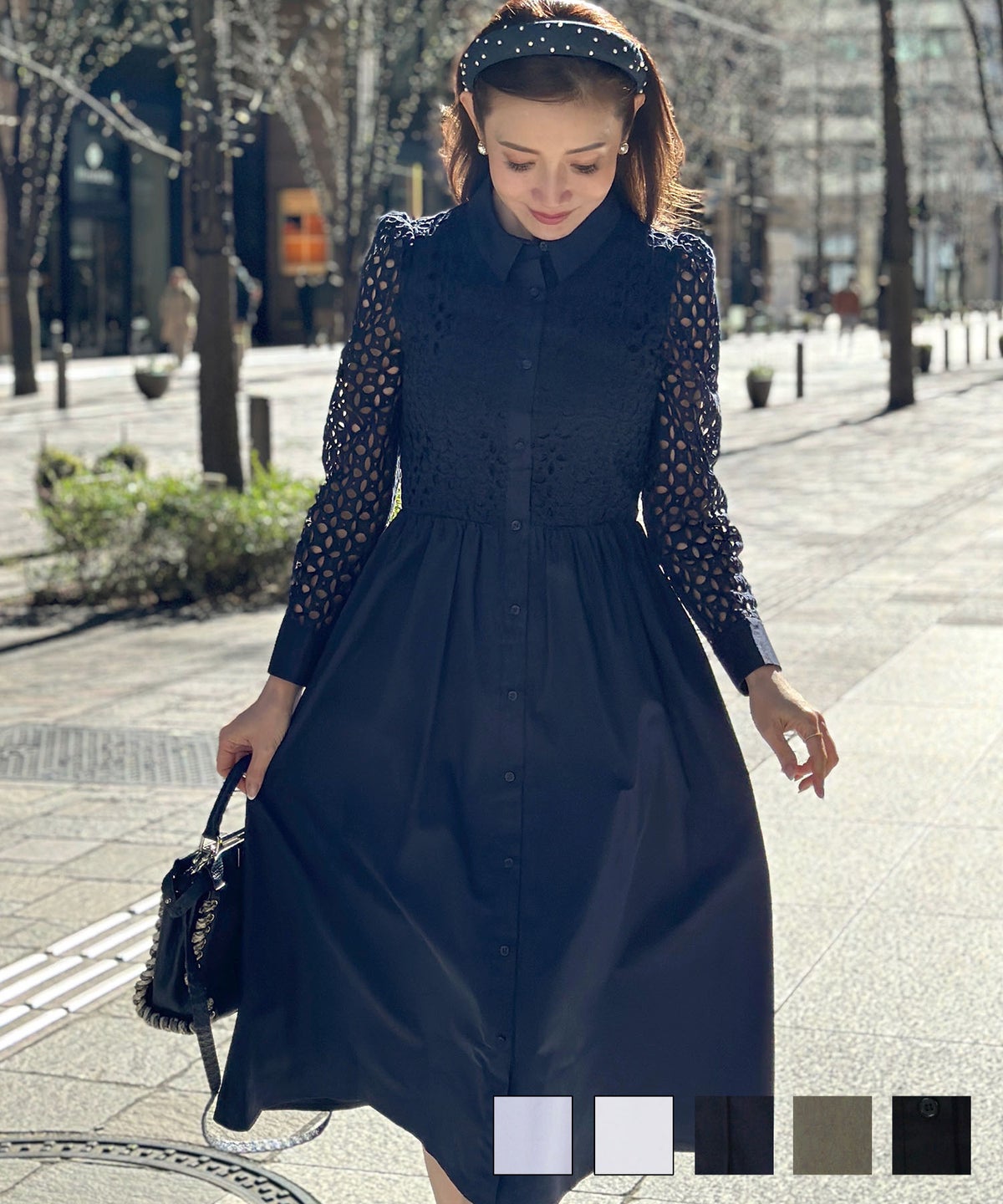 新色追加 ワンピース レディース ファッション 洗える おとな 大人 きれいめ エレガント 秋 春 かわいい 白 長 ジョイントスペース コットンレース 襟付き 長袖 ワンピース Liala×PG