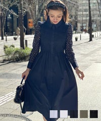 新色追加 ワンピース レディース ファッション 洗える おとな 大人 きれいめ エレガント 秋 春 かわいい 白 長 ジョイントスペース コットンレース 襟付き 長袖 ワンピース Liala×PG