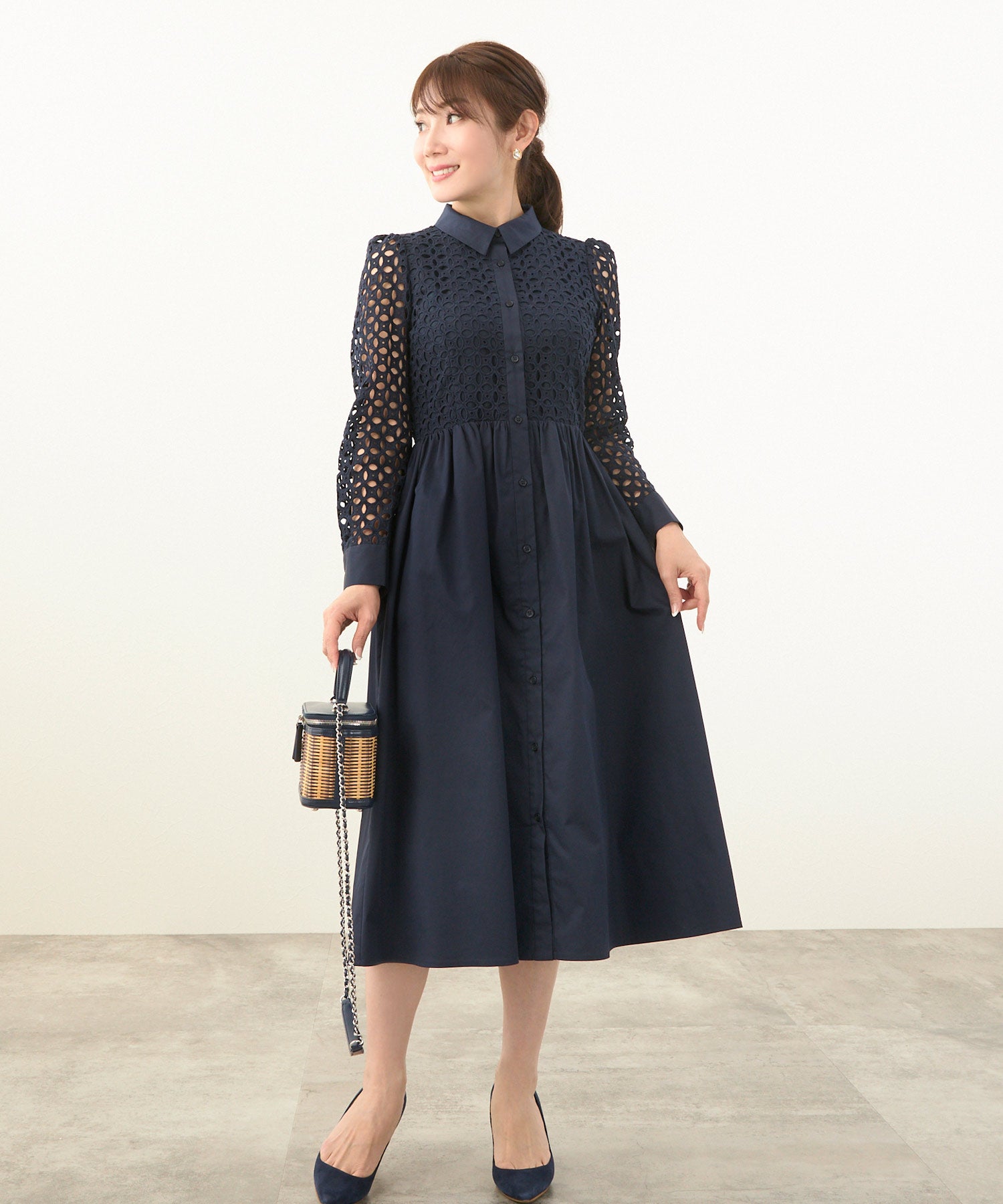 コットンレース 襟付き 長袖 ワンピース Liala×PG 全5色｜lpg311-1580