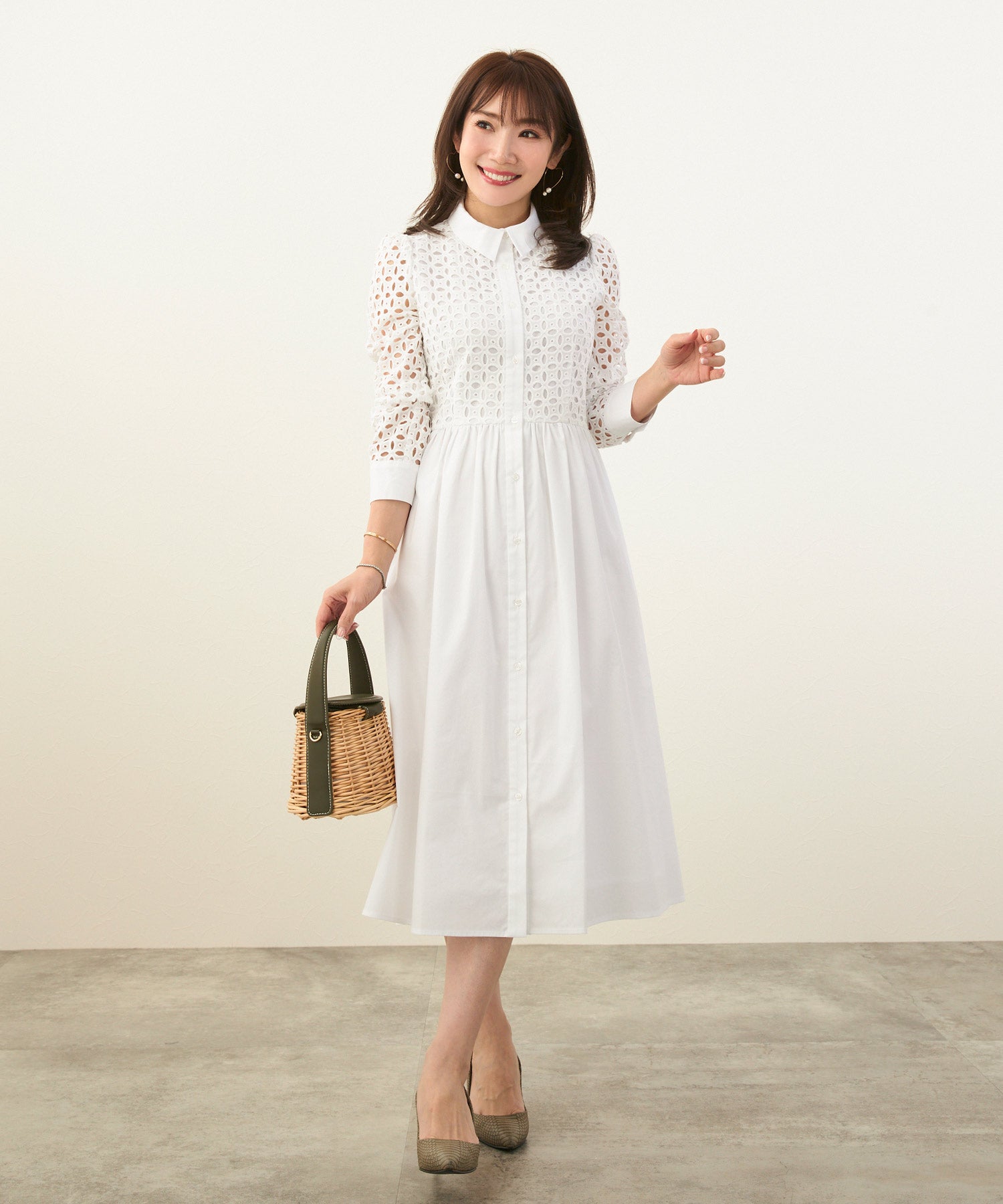 SUMMER-SALE コットンレース 襟付き 長袖 ワンピース Liala×PG 全5色