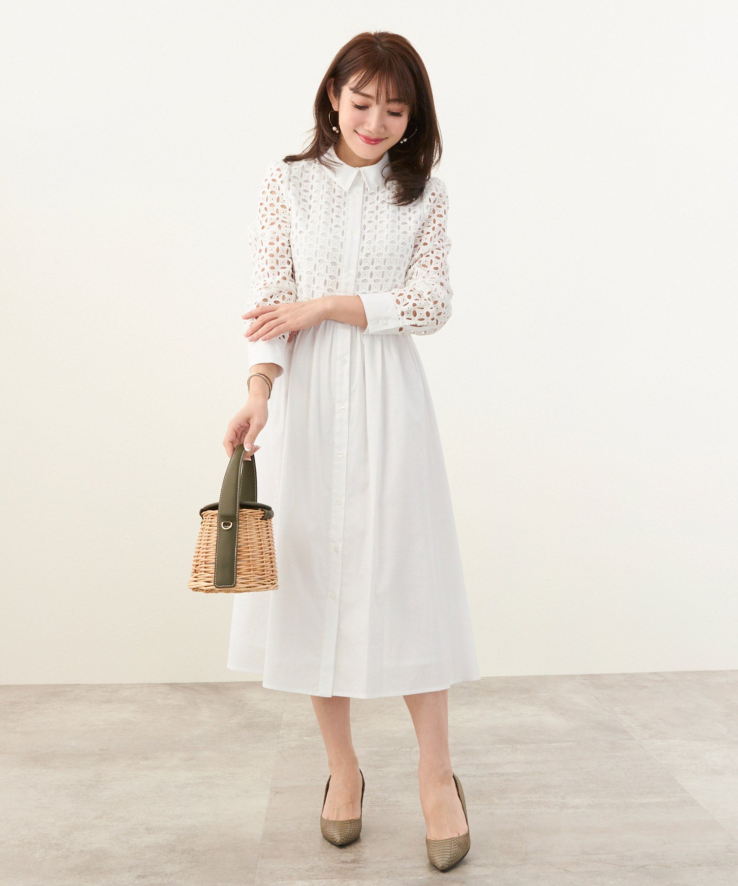SUMMER-SALE コットンレース 襟付き 長袖 ワンピース Liala×PG 全5色