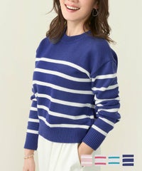 新色追加 日本製 手洗い可 長袖 春ニット コンパクト マリン パネルボーダー 袖口リブ クルーネック ざっくり ボーダー ニット Liala×PG
