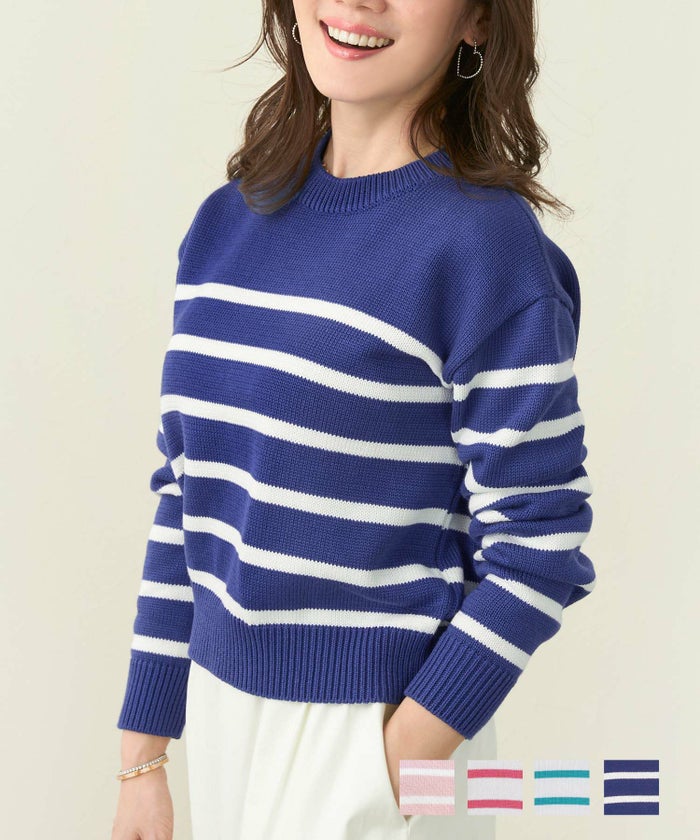 新色追加 日本製 手洗い可 長袖 春ニット コンパクト マリン パネルボーダー 袖口リブ クルーネック ざっくり ボーダー ニット Liala×PG