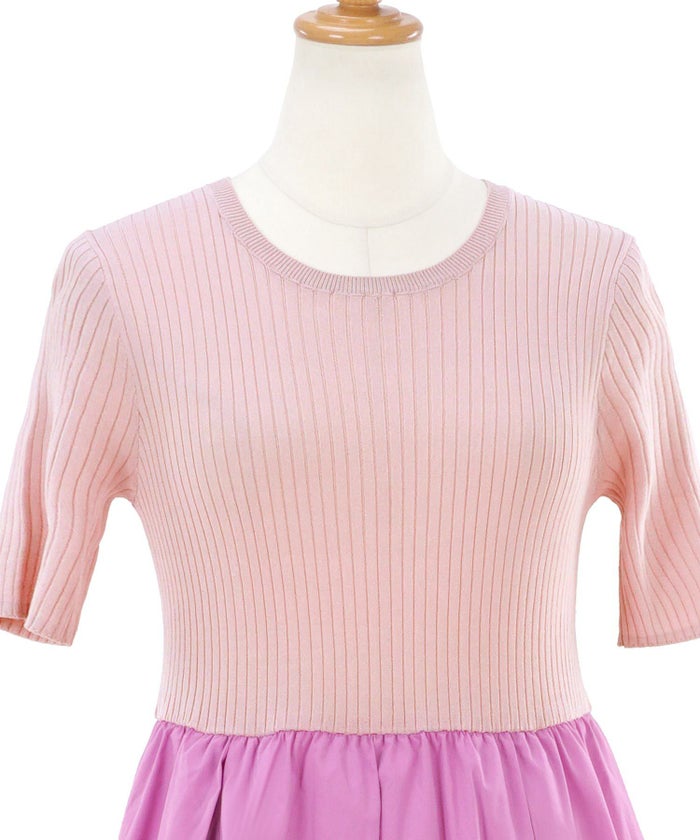 ワンピース/ニット/リブ/半袖/異素材/ドッキング/フレア/ロング/配色/ピンク/サックス/ブラック/S/M/秋/春/夏