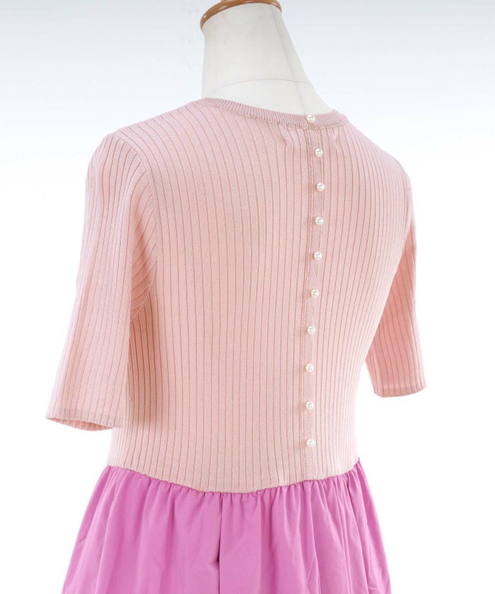 ワンピース/ニット/リブ/半袖/異素材/ドッキング/フレア/ロング/配色/ピンク/サックス/ブラック/S/M/秋/春/夏