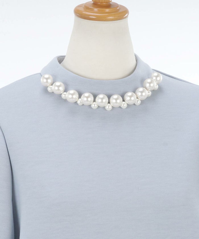 トップス/ボンディング/パール/バルーンスリーブ/長袖/ホワイト/白/サックス/水色/ネイビー/S/M/秋/冬/春/可愛い/かわいい/華やか/大人/上品/