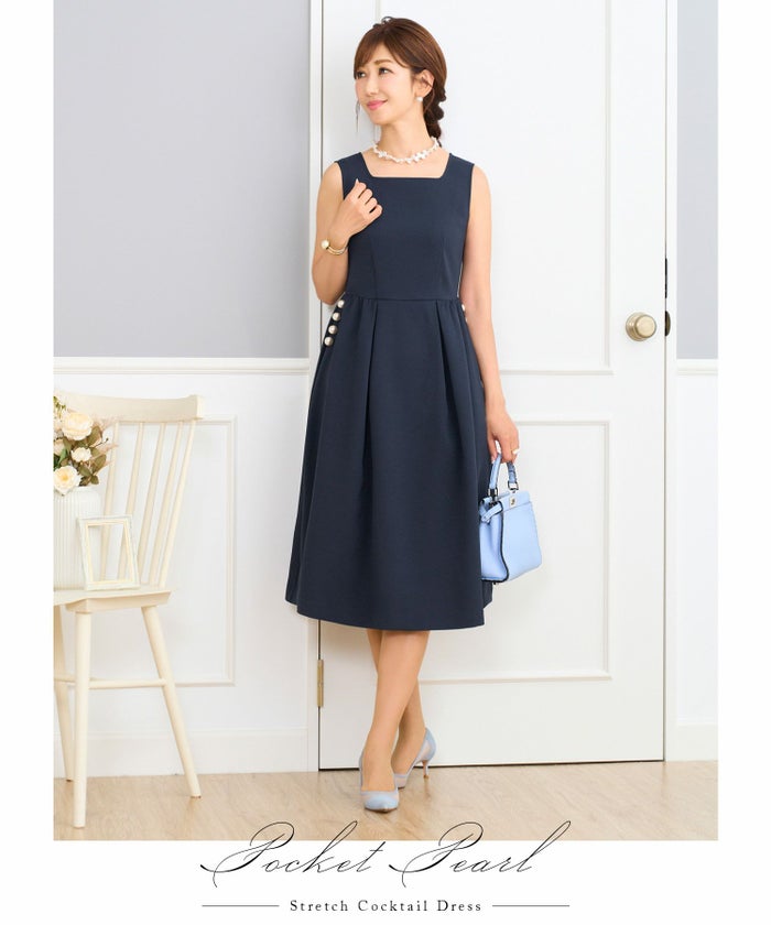 ワンピース/スクエアネック/ノースリーブ/パール/ポケット/ウエストタック&ギャザー切り替え/フレア/ピンク/ラベンダー/ネイビー/S/M/秋/春/夏/可愛い/かわいい/華やか/大人/上品/